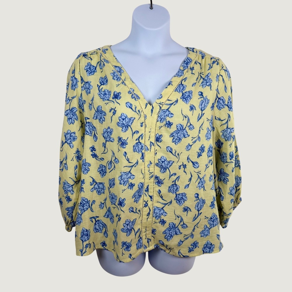 Style & Co 3X Yellow Blue Floral Cotton V-Neck Blouse Top Gauzy Knit Beachy Boho